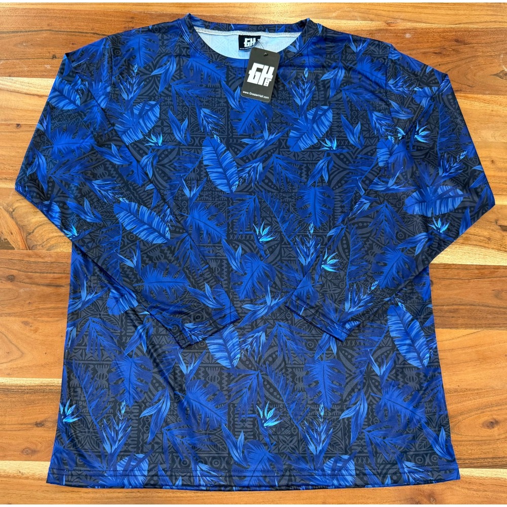 Greater Half Mens Blue Flower Long Sleeved T Shirt Tropical Floral Print Large